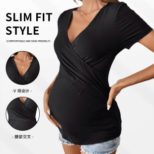European and American Cross-Border 2025 Summer Cross-Waist Slim V Neck Pure Color High-Elastic Yoga Fitness Design Maternity T-Shirt Top
