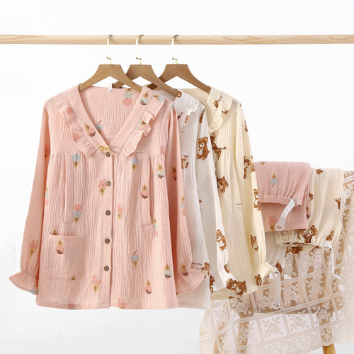 Confinement clothes spring and summer thin pure cotton crepe fabric sweat-absorbent and breathable maternity nursing pajamas long-sleeved two-piece home clothes