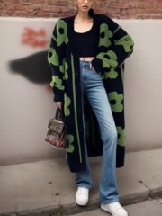 クロスボーダーの大きいサイズの婦人服vネックの花のジャカードのニットのセーターのアマゾンの秋冬の新型の長いタイプの単列のカーディガン