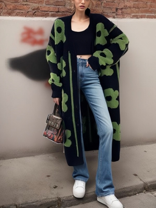 クロスボーダーの大きいサイズの婦人服vネックの花のジャカードのニットのセーターのアマゾンの秋冬の新型の長いタイプの単列のカーディガン|undefined