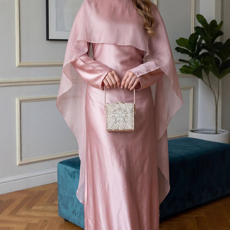 Cross-Border Dress for Women, Summer Style, Fitted Long-Sleeved Pink Dress with Straps, Luxurious and Silky