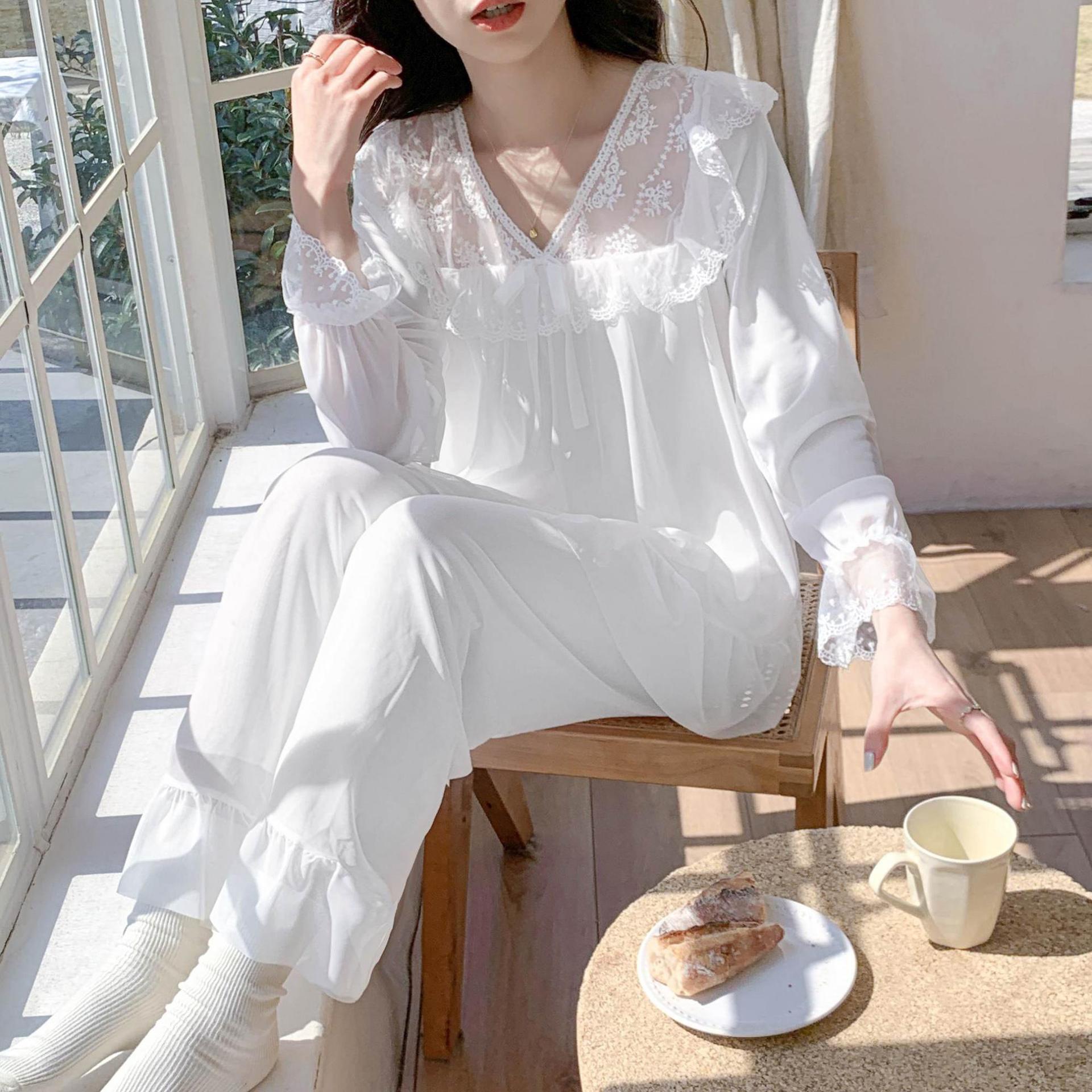 느슨한 슬리밍 잠옷 봄과 가을 새로운 공주 스타일 긴 소매 바지 세트 달콤한 레이스 화이트 메쉬 홈 옷
