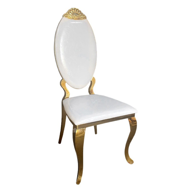 Silla de comedor de acero inoxidable de lujo ligero de moda Silla de comedor de cuero blanco de metal para el hogar Silla de comedor de hotel sala de banquetes tocado de acero inoxidable dorado Silla de flores