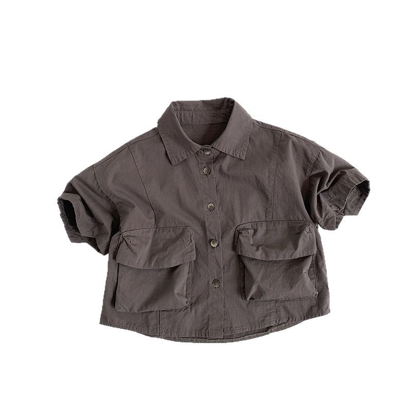 Ropa para niños Camisas de color sólido para niños y niñas 2025 primavera y verano nuevos niños japoneses y coreanos de manga corta de algodón fino ropa de trabajo superior