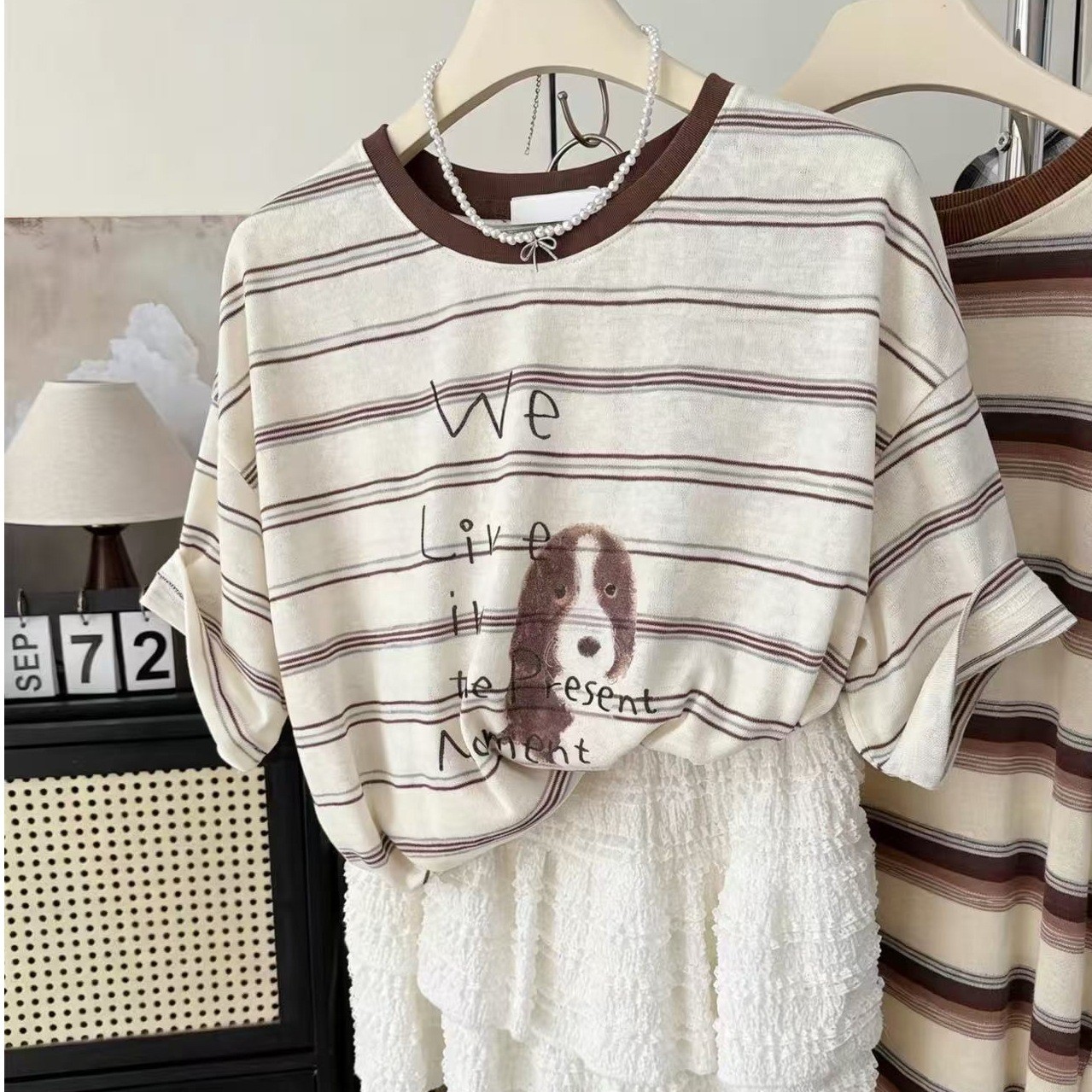 INS风复古撞色~夏季条纹小狗印花上衣韩系宽松小个子短袖T恤女衫