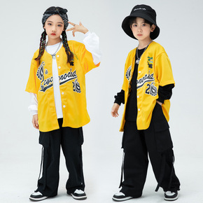 Street dance children's trendy clothing, cool and handsome, explosive street performance clothing, boys' yellow baseball suit, hiphop girls' performance clothing