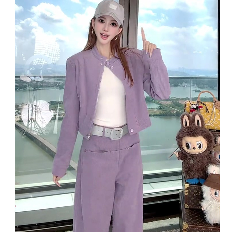 81588现货婉君Q香芋啵啵紫秋季休闲风灯芯绒外套阔腿直筒裤两件套|undefined