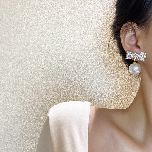 S925 Silver Needle Korean Style Exaggerated Full Diamond Bow Earrings Women's Big Pearl Personality Pendant Earrings Stud Earrings