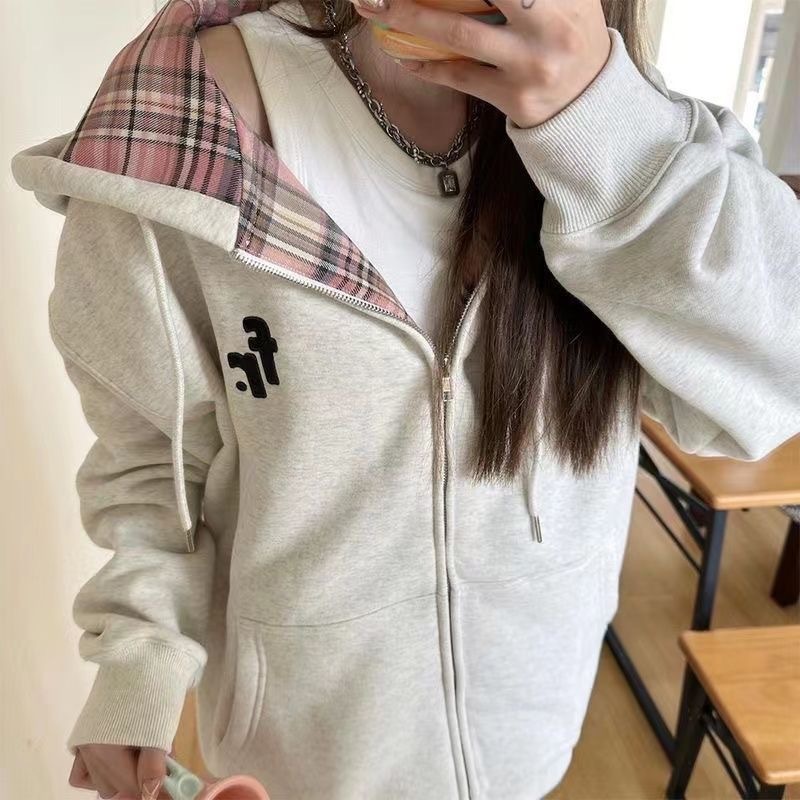 韩系拼接格子连帽卫衣女秋冬2025新款休闲设计感加绒美式复古帽衫|undefined