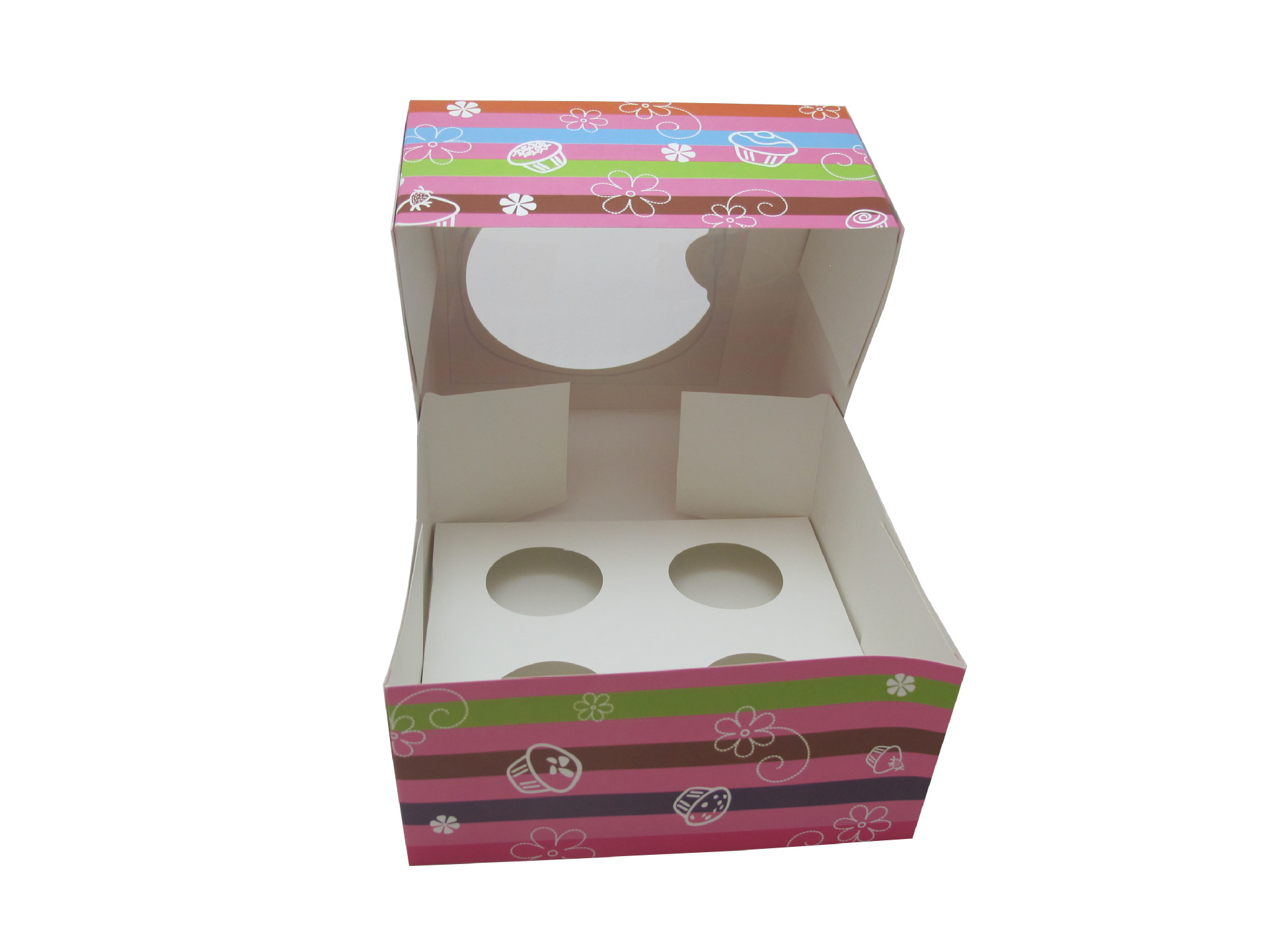 厂家印刷彩色蛋糕盒，食品材质包装纸盒，4杯杯子蛋糕盒 可折叠