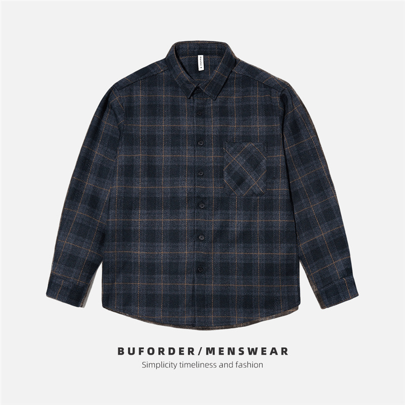 남성용 일본 무거운 격자 무늬 셔츠 남성용 가을 캐주얼 스크럽 루즈 자켓 트렌디 브랜드 빈티지 작업복 롱 슬리브 라이닝