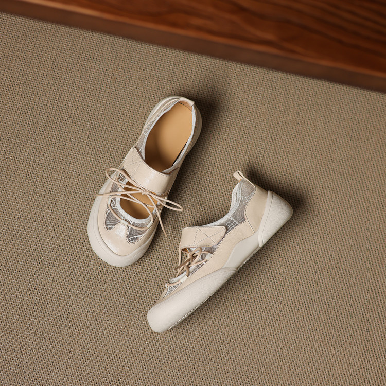 Giày sneaker nữ đế dày ren lưới phối màu cổ thấp — màu trắng ngà chi tiết 67