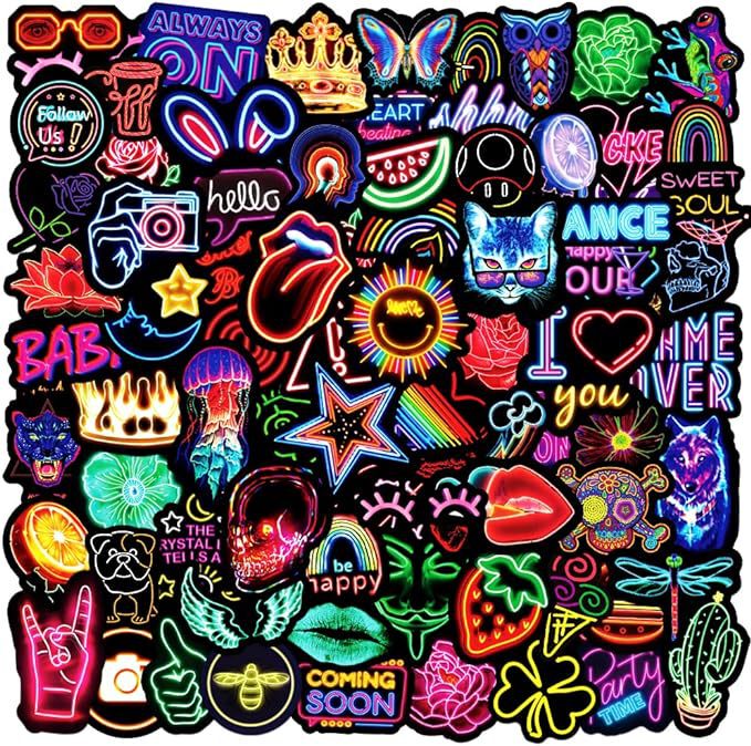 100 Neon Light Water Bottle Stickers for Children Cute Aesthetic Waterproof Graffiti Laptop Electric Vintage Style Stickers