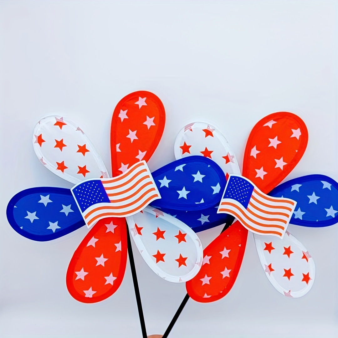 Molino de viento decorativo transfronterizo con bandera del Día de la Independencia para patio, jardín, césped, molino de viento de juguete con estrella de cinco puntas para niños, de fábrica.