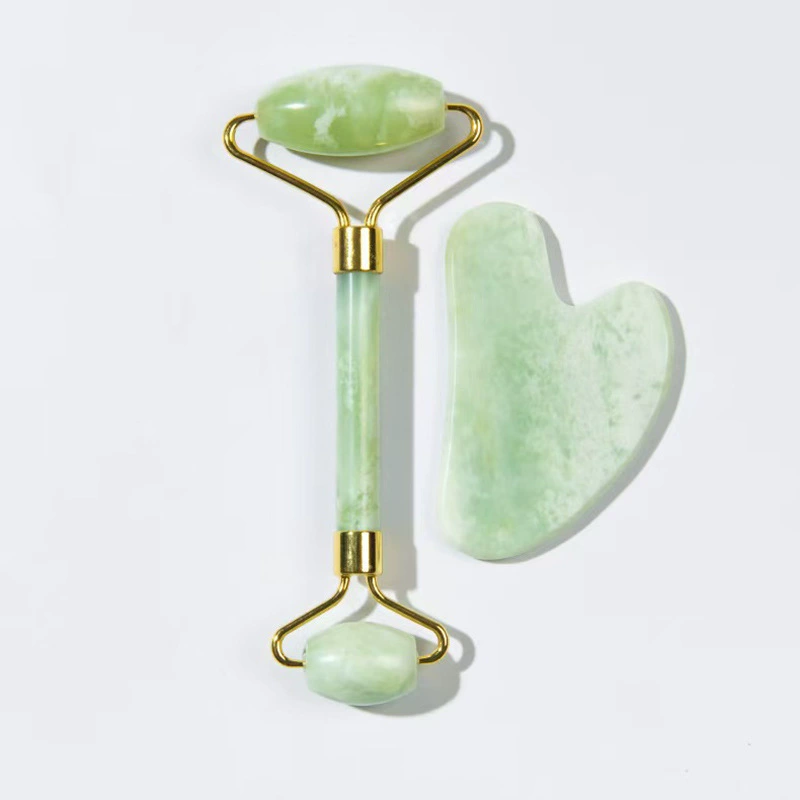 Jade face massager set, double‑head rolling roller and gua sha scraper, cosmetic kit