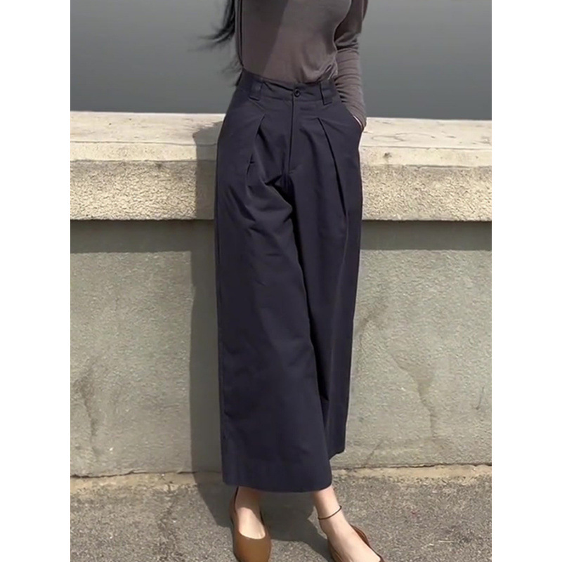 NUNBAI 봄과 가을면 스트레이트 다리 바지 여성의 새로운 높은 허리 느슨한 넓은 다리 작은 캐주얼 통근 여름 자른 바지