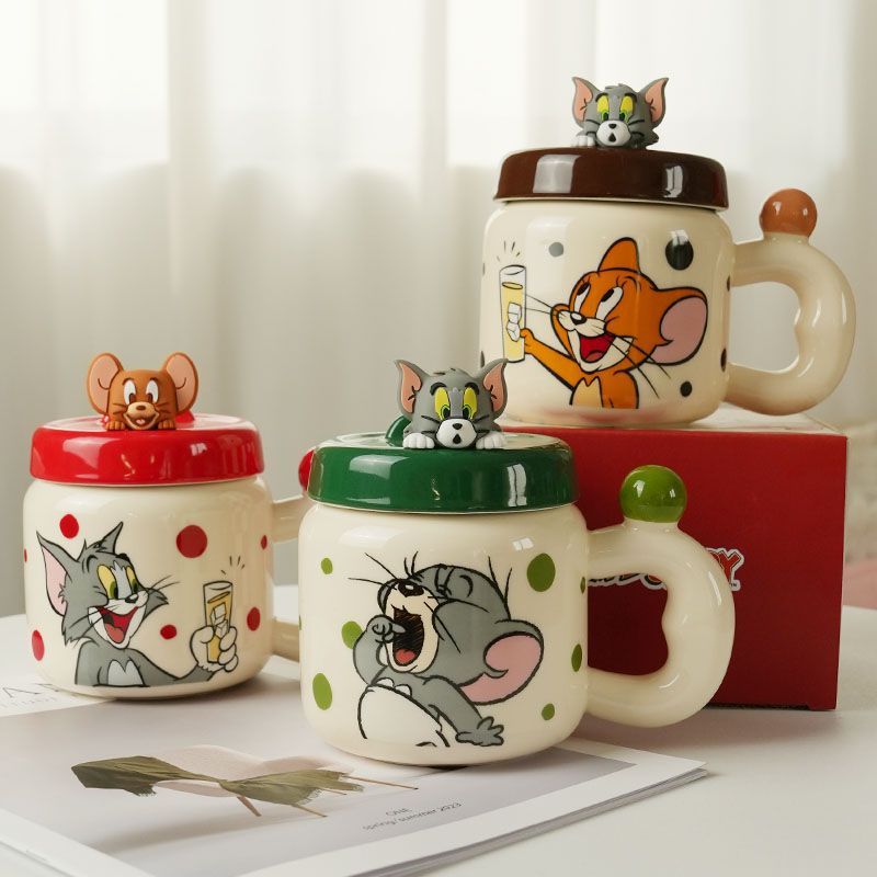 Taza de cerámica de gato y ratón con tapa, creativa, linda e interesante, personalidad especial, café con leche, taza de té con leche