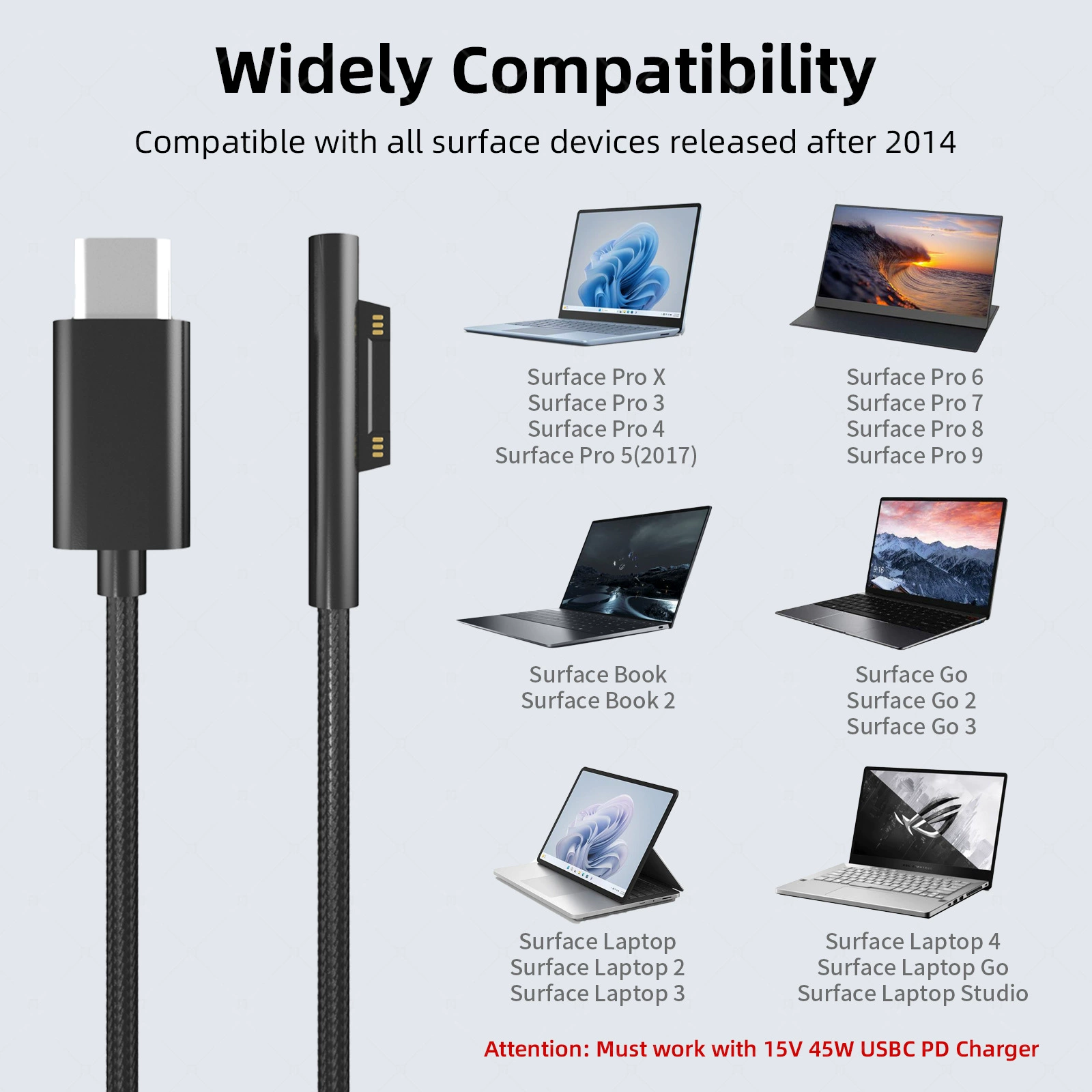 跨境TYPE-C кабель для зарядки 15В3А совместимый с micro/soft Surface Pro/go/book кабель данных P45Вт
