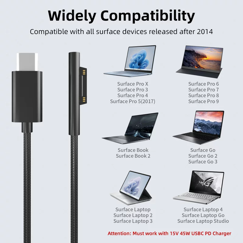 跨境TYPE-C кабель для зарядки 15В3А совместимый с micro/soft Surface Pro/go/book кабель данных P45Вт