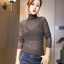 欧洲站T恤秋冬新款洋气显瘦高领打底衫内搭弹力蕾丝衫仙气小衫