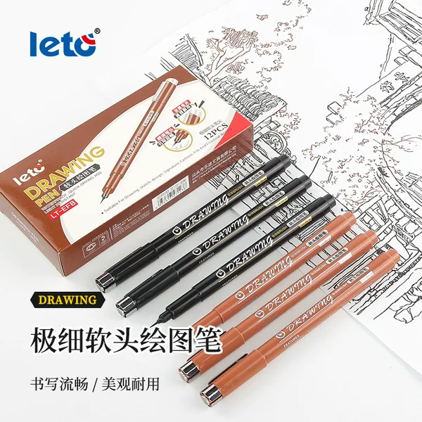 Ultra-fine soft brush tip for outlining, suitable for art sketching, anime drawing, line art design, and drafting; black and brown colors; waterproof and smudge-proof