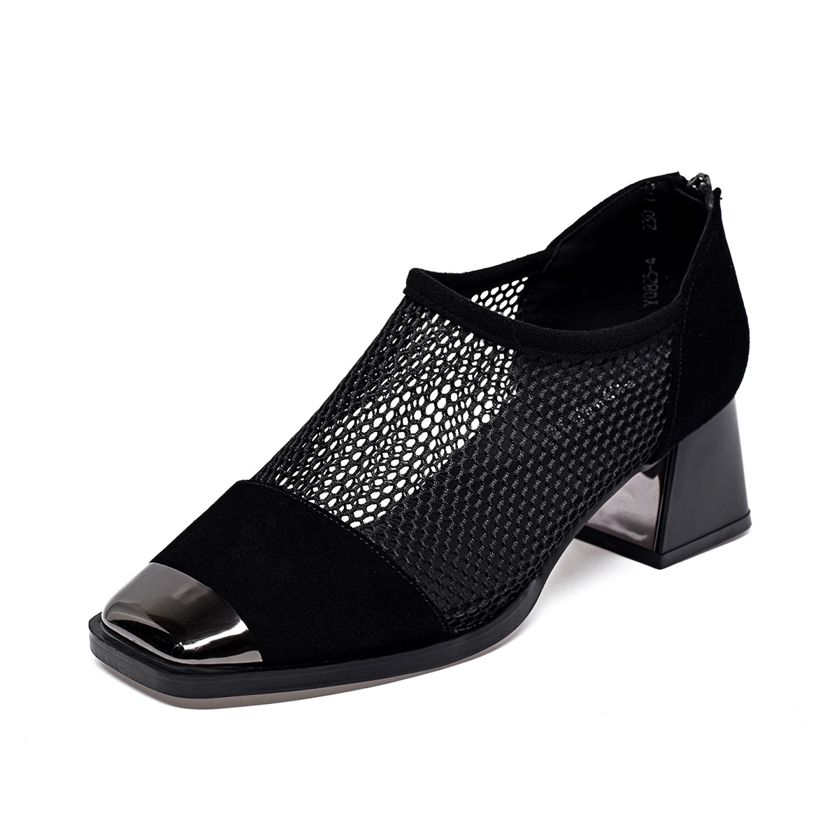 Sandal cao gót nữ mũi vuông da thật gót vuông 4 cm khoét lỗ thoáng khí — Đen--4CM