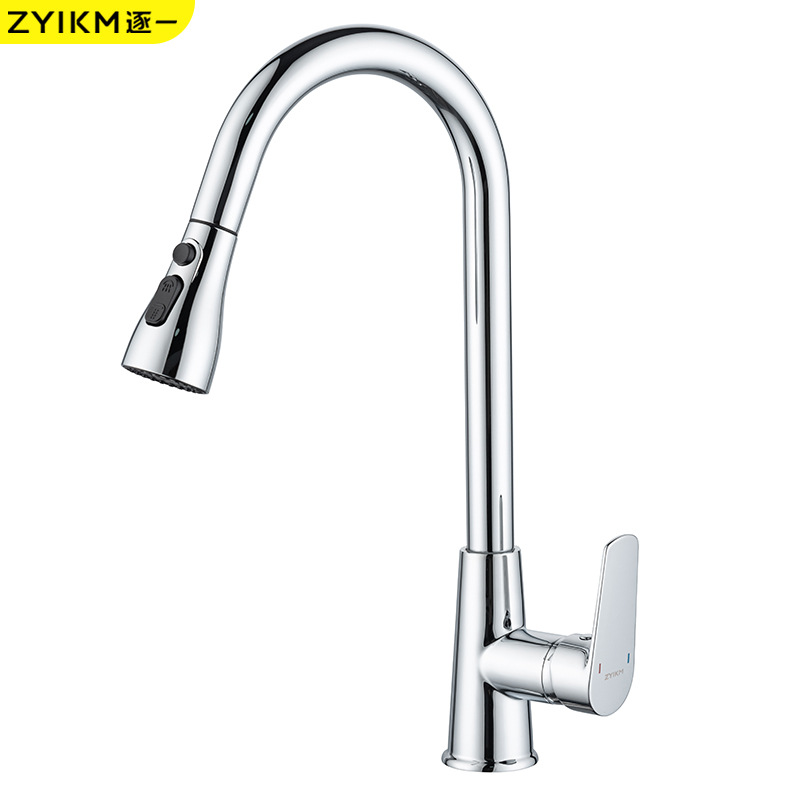 Grifo de extracción de cocina uno por uno, todo cobre, a prueba de salpicaduras, lavabo, lavabo, lavabo, lavabo, lavabo dos en uno, frío y caliente para el hogar
