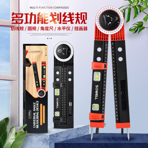 Multifunctional marking ground guide, woodworking marking device, compass, slope measuring angle meter, picture hanging device, horizontal positioning tool