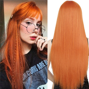 Cross-border e-commerce European and American wig women's black long hair full head cover new air bangs simulation long straight hair silk in stock