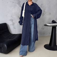 外贸女装跨境长袖衬衫连衣裙秋季宽松翻领开衫慵懒风长衬衣裙外套