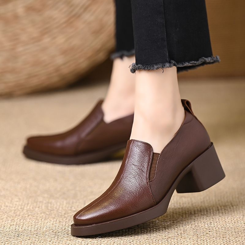Soft Leather Soft Sole Deep Mouth Versatile Flats for Women 2025 Spring and Autum New Thick Heel Retro Fashion Simple Small Leather Shoes