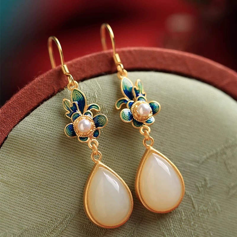 Производитель оптом Hutian Jade ретро китайский стиль эмаль ремесла лотос серьги серьги серьги кольцо ретро легкий роскоши