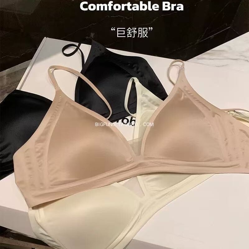 French-Style Satin Triangle Cup Bra for Women, Thin and Breathable, Summer French V-Neck Seamless Small Chest Wireless Bra