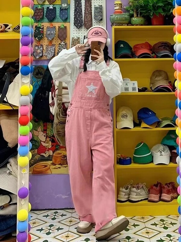 ドーパミンウェアピンクデニムオーバーオール女性の夏のレトロな年齢軽減五芒星刺繍ルーズワイドレッグパンツトレンディ|undefined