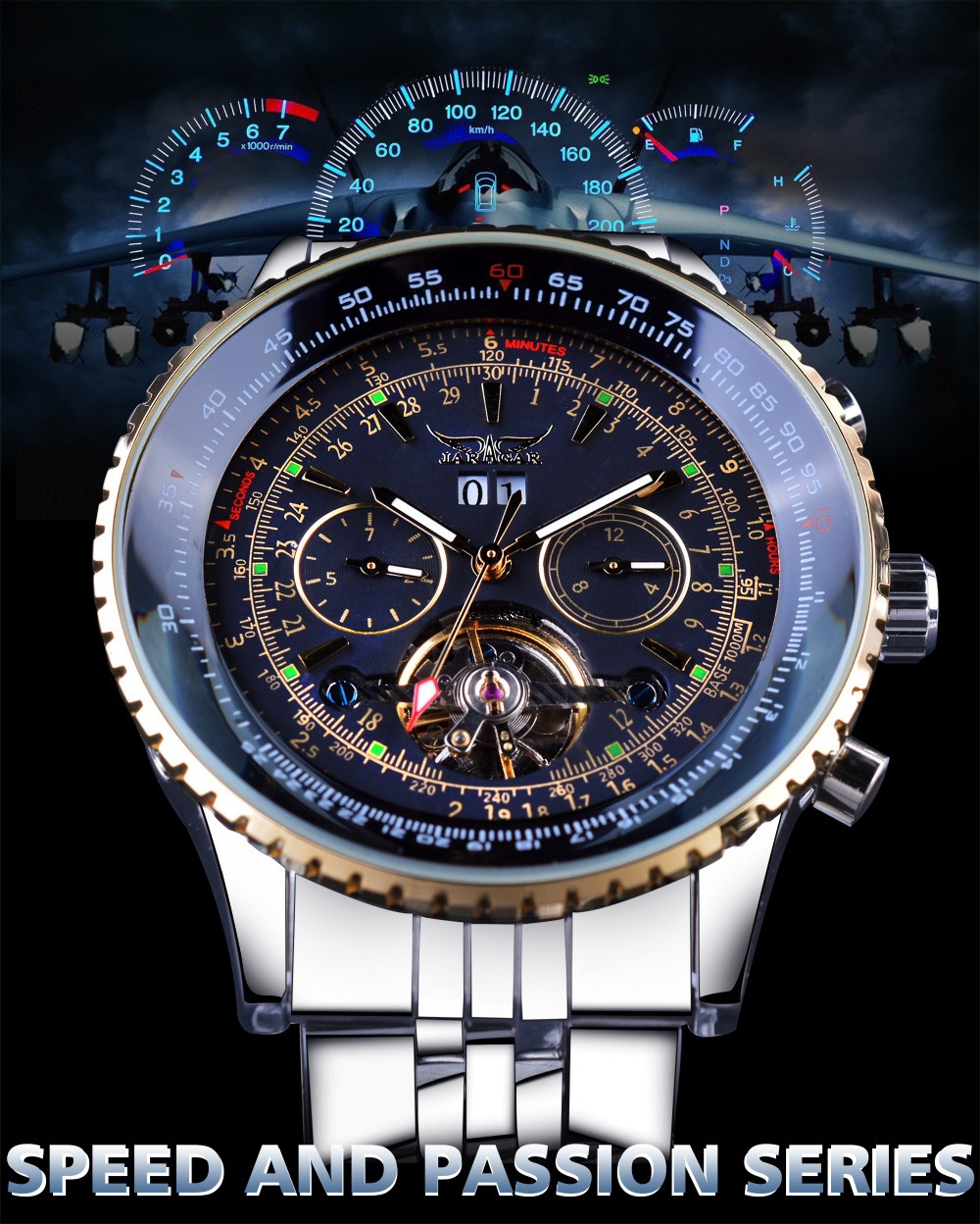 Jaragar stor urtavla tourbillon mekanisk klocka Herrmode casual stålbandsklocka med kalender_voghion.com