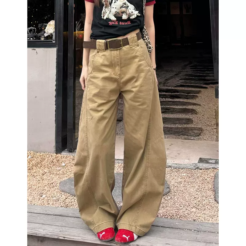 D9052街头卡其色弯刀休闲牛仔裤女春秋季设计感剪裁阔腿牛仔裤