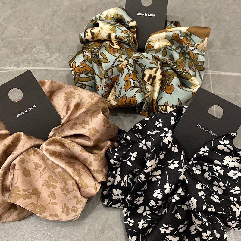 韩国复古法式灰粉色印花发圈高级感气质缎面蓬松感网红大肠圈发饰