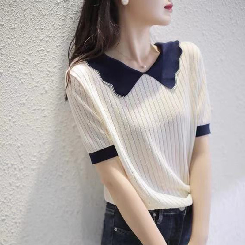 Elegant Age-Reducing 2025 Spring and Summer New Lace Doll Collar Exquisite Cut Out Ice Silk Short-Sleeved Knitwear Women's Top
