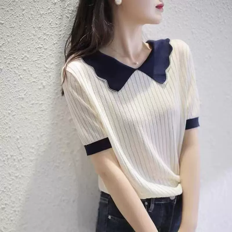 优雅减龄2025春夏新款花边娃娃领精致镂空冰丝短袖针织衫女上衣