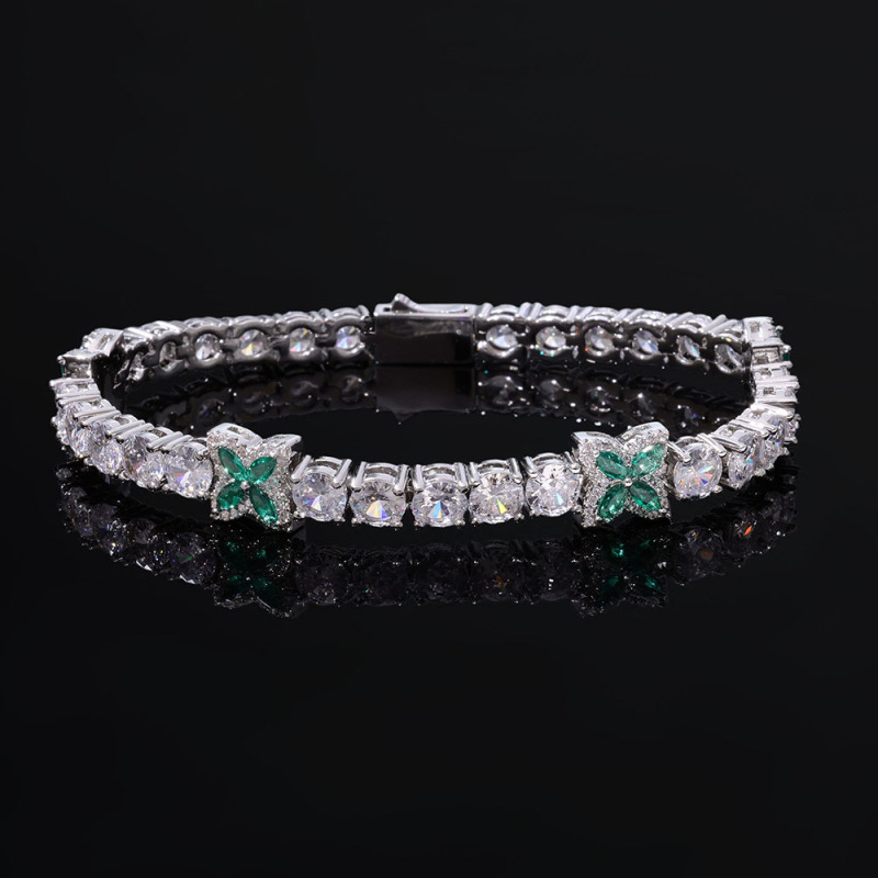 European and American Hip-Hop 5mm Spring Clasp Tennis Chain Cross-Border Jewelry High-Quality Single-Row Zircon Four-Leaf Clover Bracelet Customization