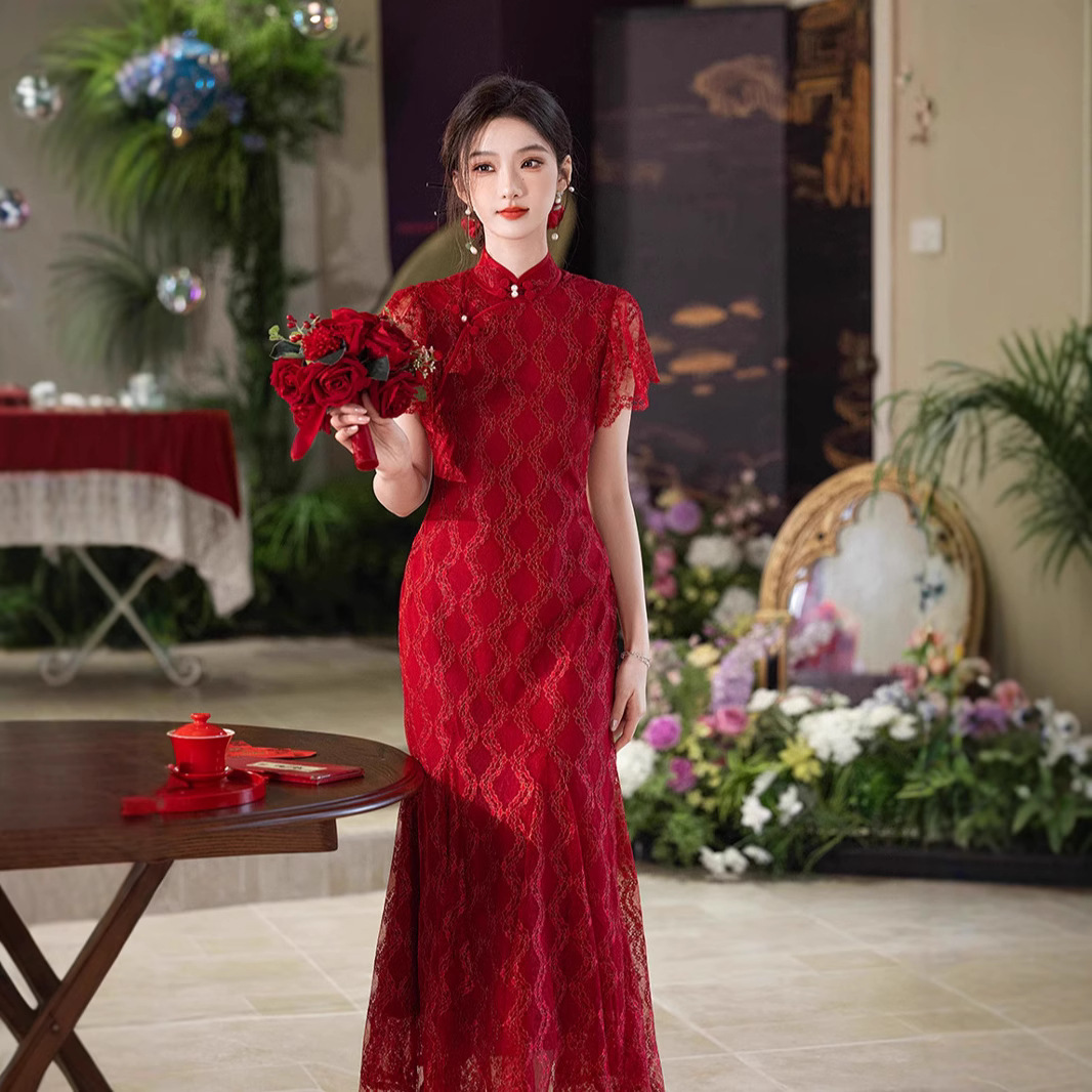 Red Lace Fishtail Cheongsam Summer Half-placket Woven Gold Lace Toasting Suit Modified dress Temperament High-end