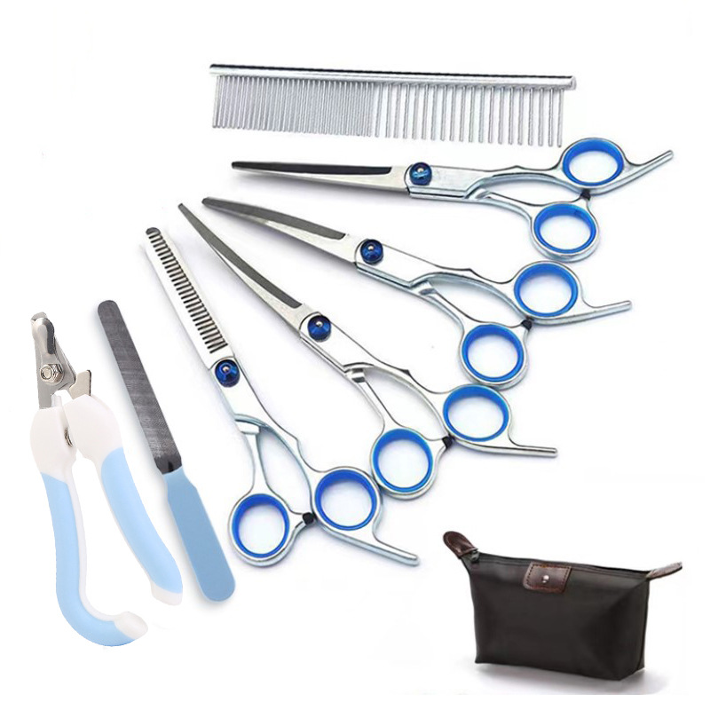 Fábrica directa PET tijeras profesional perro pelo recorte tijeras fino pelo roto pelo diente tijeras peluche juego