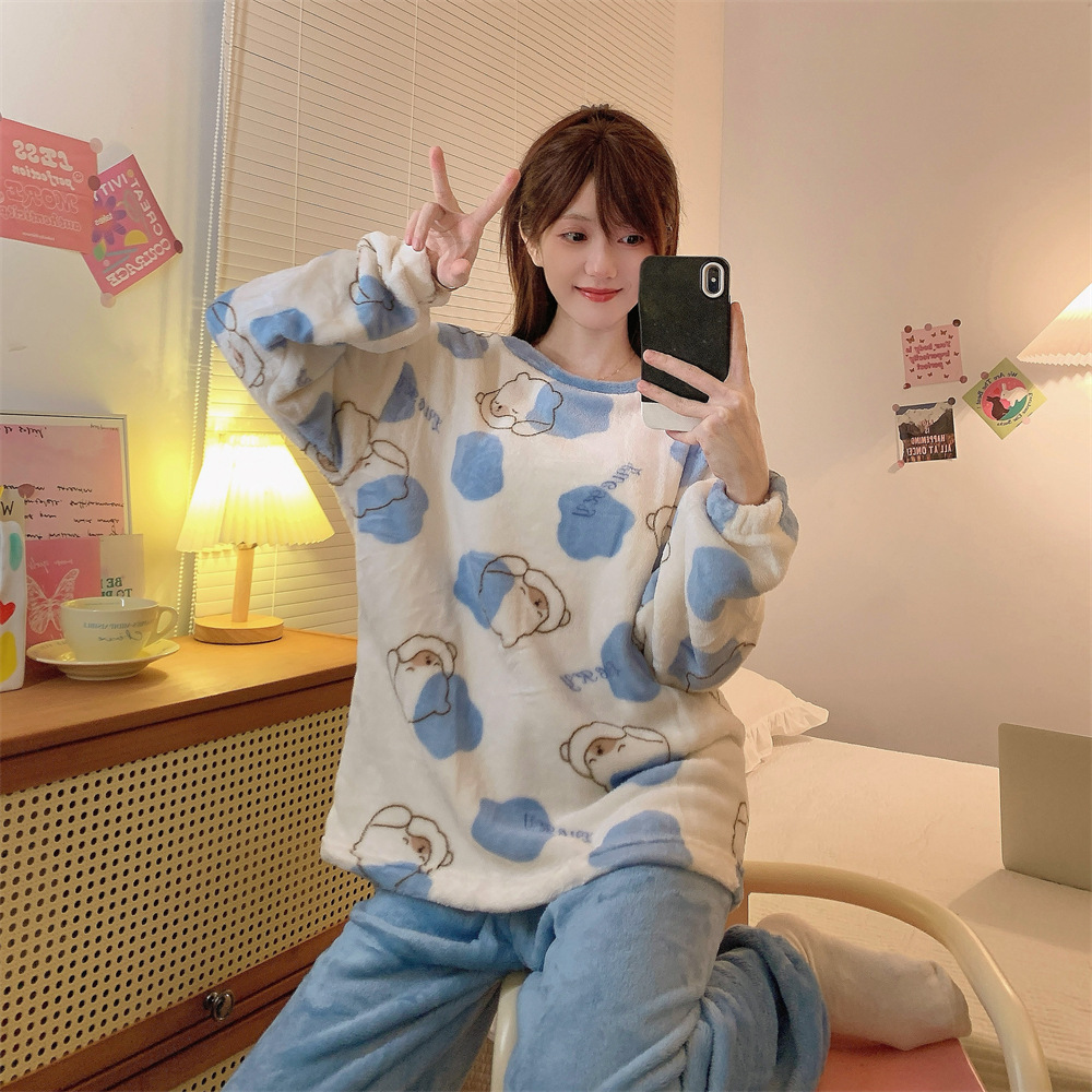 플란넬 파자마 국경 도매 파자마 여성의 가을과 겨울 플란넬 두꺼운 소녀의 홈 의류 세트
