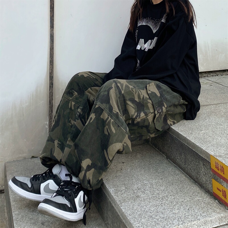 Autumn 2023 ins Harajuku Style Retro Camouflage Caution Pants Men's and Women's Trendy Loose Ankle Pants Trendy Trousers