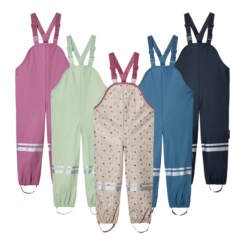 Children's Fleece-Lined Suspenders Rain Pants for Boys and Girls Waterproof Pants for Kindergarten Students Full-Body Rain Gear