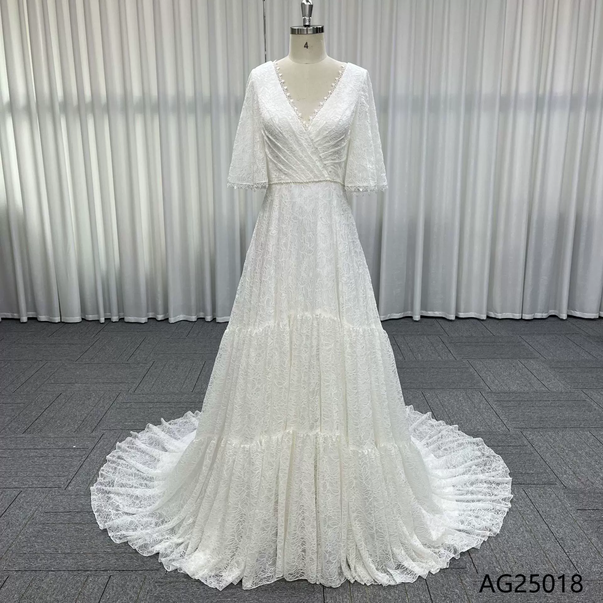 外贸婚纱礼服速卖通长袖v领蕾丝连衣裙晚礼服