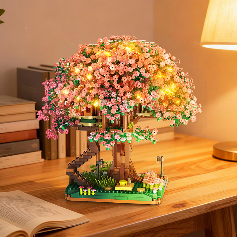 Casa de Árbol de Sakura 609, Bloques de Construcción de Micro Diamantes de Partículas Pequeñas, Juguete Educativo de Ensamblaje de Flores, Regalo para Niñas, Venta al por Mayor Transfronteriza