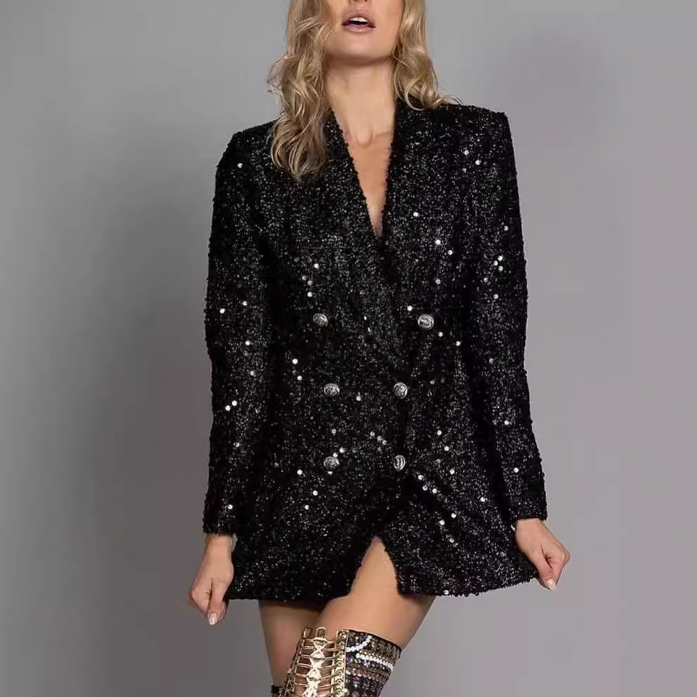 Saco Elegante de Doble Botonadura para Mujer con Lentejuelas en Mezcla Sintética para Primavera