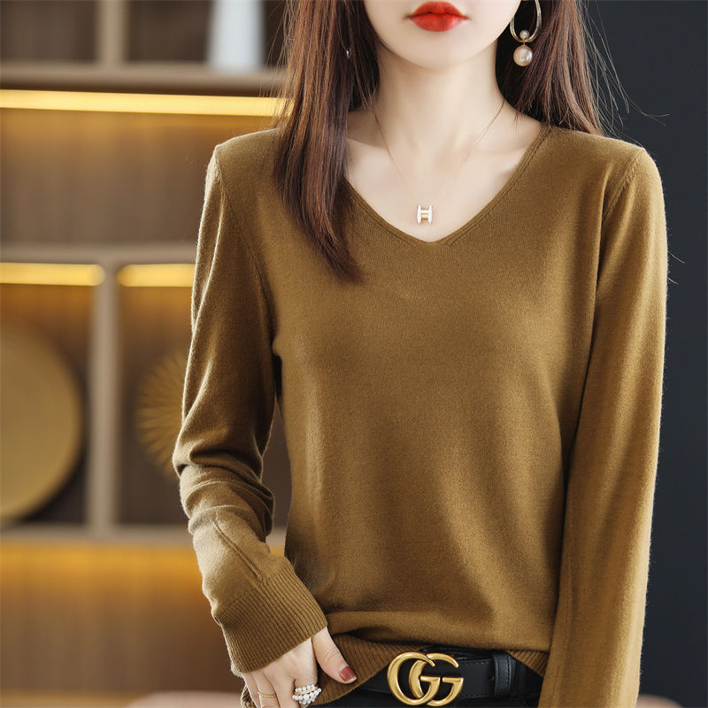 Women's V-neck pullover sweater New 2023 spring and autumn loose simple inner wear outer wear long sleeve top bottoming sweater