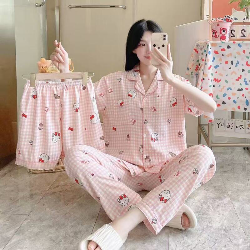 日韩网红直播云朵棉睡衣女士三件套卡通印花翻领春夏季家居服套装|undefined